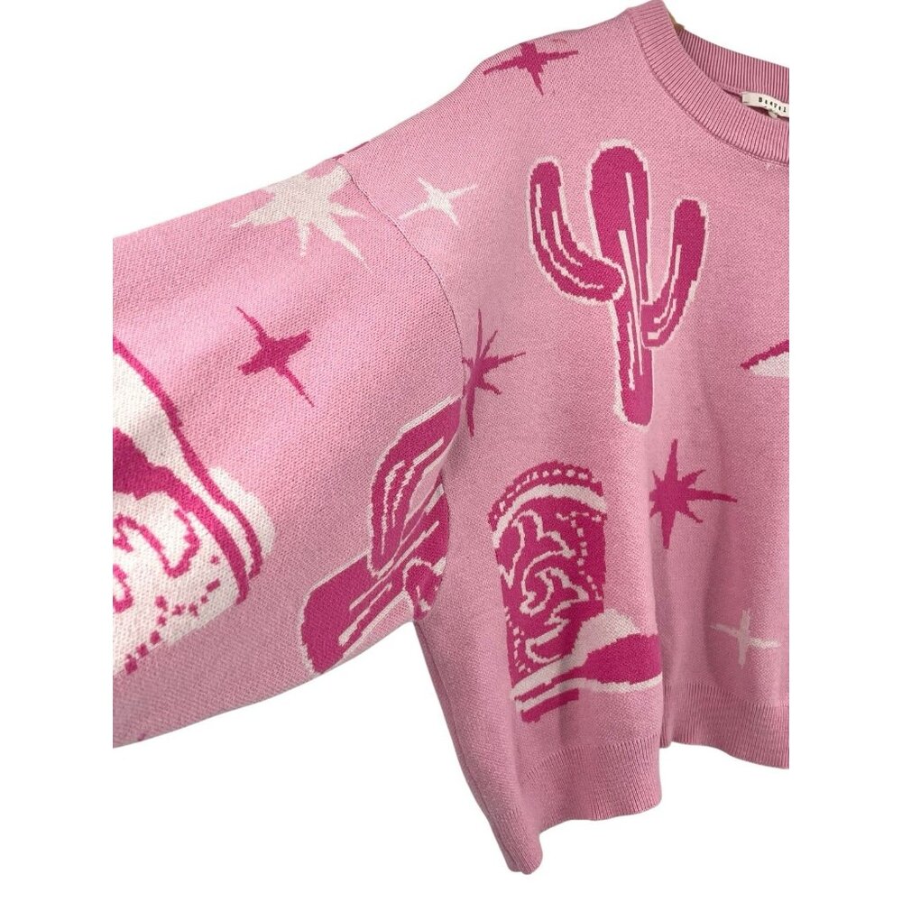 BAEVELY Women's Pink Cowboy Boot Print Crewneck Oversize Crop Sweater Large - Picture 2 of 6